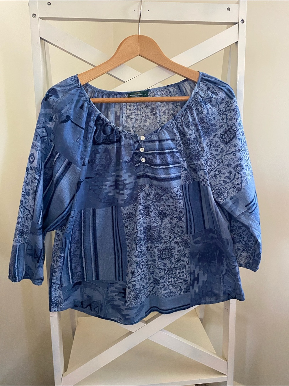 Ralph Lauren Blue Patchwork Print Peasant Top